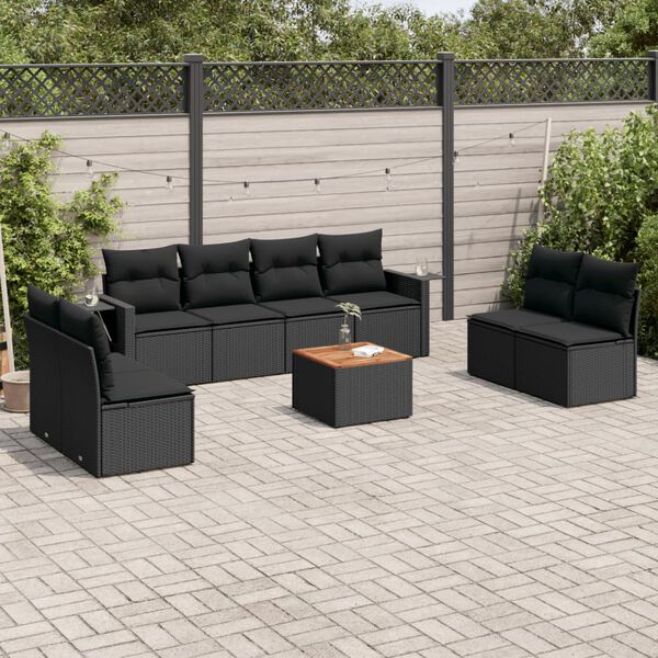 vidaXL Salon de jardin 9 pcs avec coussins noir résine tressée