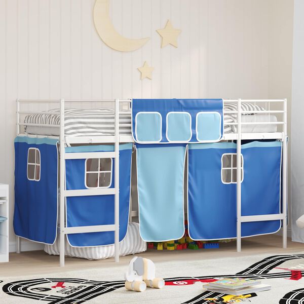 vidaXL Cadre de Lit Mezzanine pour Enfants avec Rideaux Blanc et Bleu