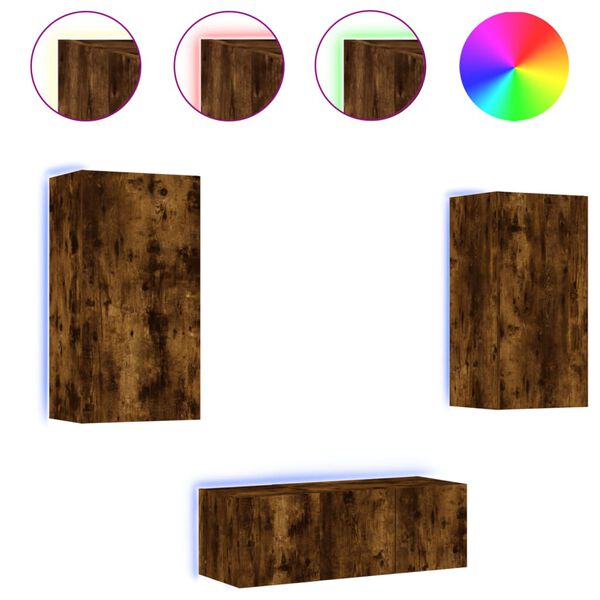 vidaXL Unit&eacute;s murales TV avec LED 4 pcs ch&ecirc;ne fum&eacute; bois d'ing&eacute;nierie