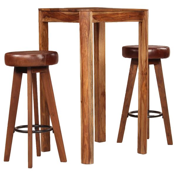 vidaXL Ensemble de bar 3 pcs Bois de Sesham massif et cuir v&eacute;ritable