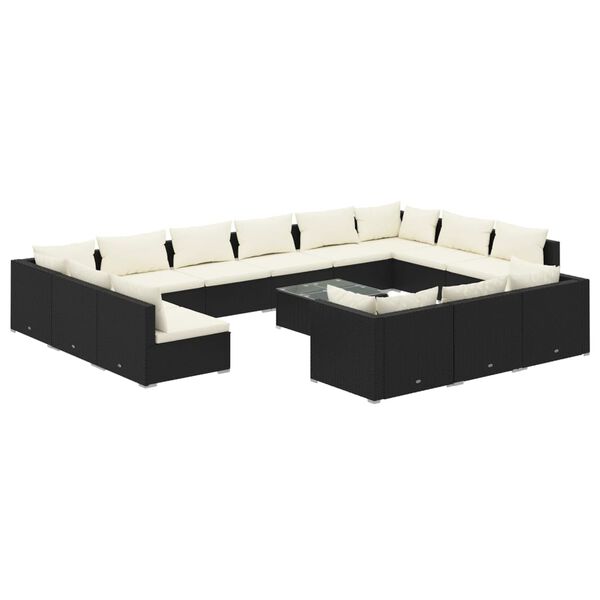 vidaXL Salon de jardin 14 pcs avec coussins Noir R&eacute;sine tress&eacute;e