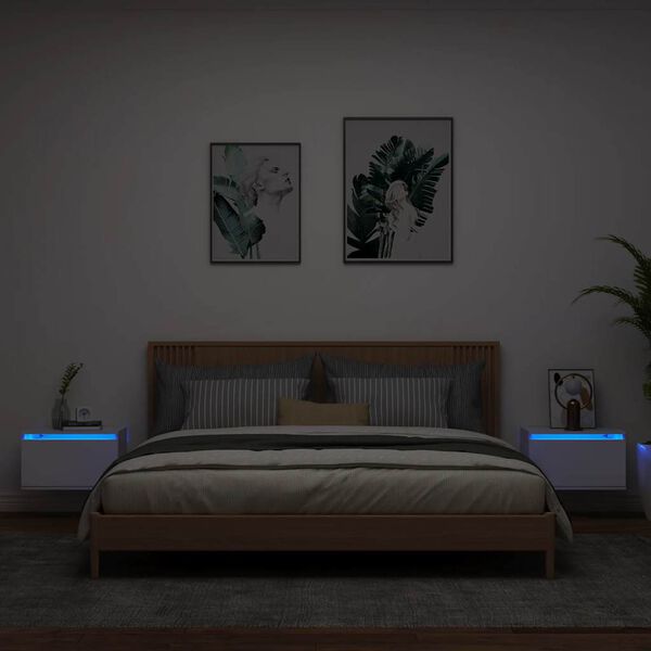 vidaXL Tables de chevet murales avec lumi&egrave;res LED 2 pcs blanc