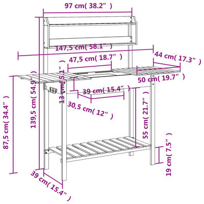 vidaXL Table de rempotage et évier 147,5x44x139,5 cm bois massif sapin