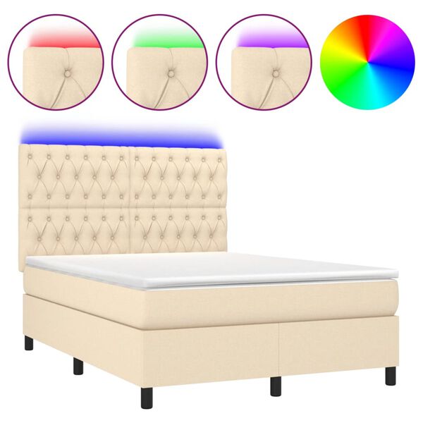 vidaXL Sommier &agrave; lattes de lit et matelas et LED Cr&egrave;me 140x190cm Tissu