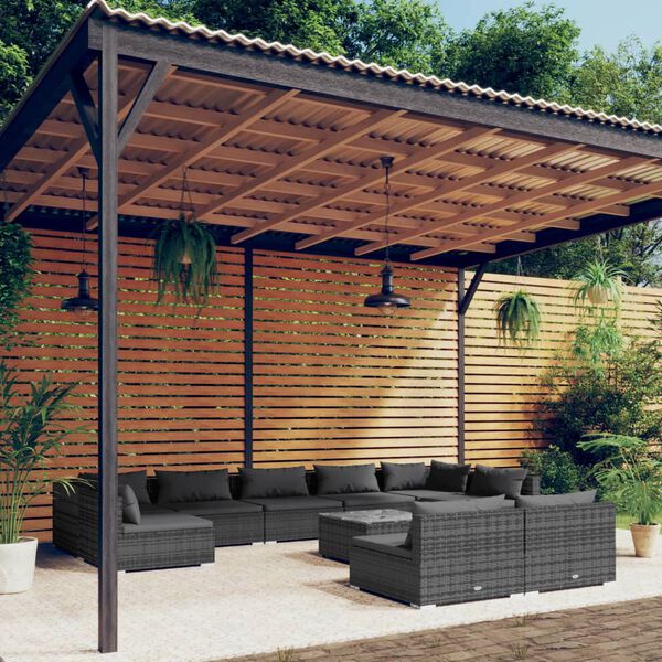vidaXL Salon de jardin 10 pcs avec coussins Gris R&eacute;sine tress&eacute;e