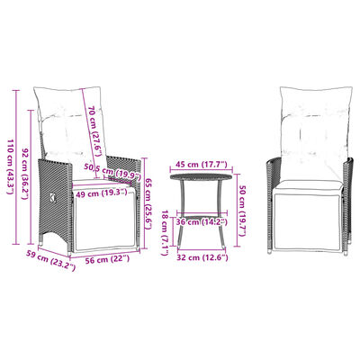 vidaXL Ensemble de bistro 3 pcs avec coussins noir résine tressée