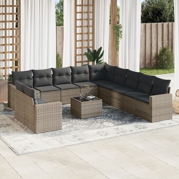 vidaXL Salon de jardin avec coussins 12 pcs gris r&eacute;sine tress&eacute;e
