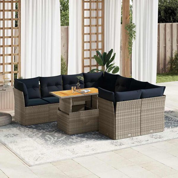 vidaXL Salon de jardin 9 pcs avec coussins gris r&eacute;sine tress&eacute;e
