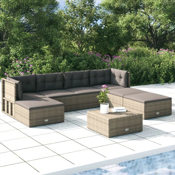 vidaXL Salon de jardin 7 pcs avec coussins Gris Résine tressée