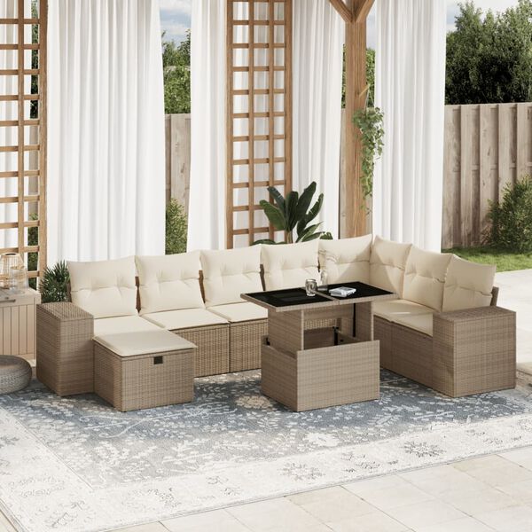 vidaXL Salon de jardin avec coussins 9 pcs beige r&eacute;sine tress&eacute;e