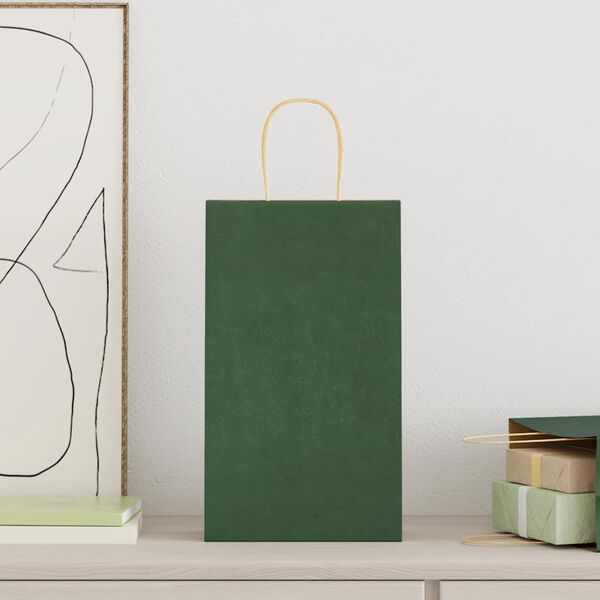 vidaXL Sacs en papier 250 pcs avec poign&eacute;es vert 21x11x36 cm