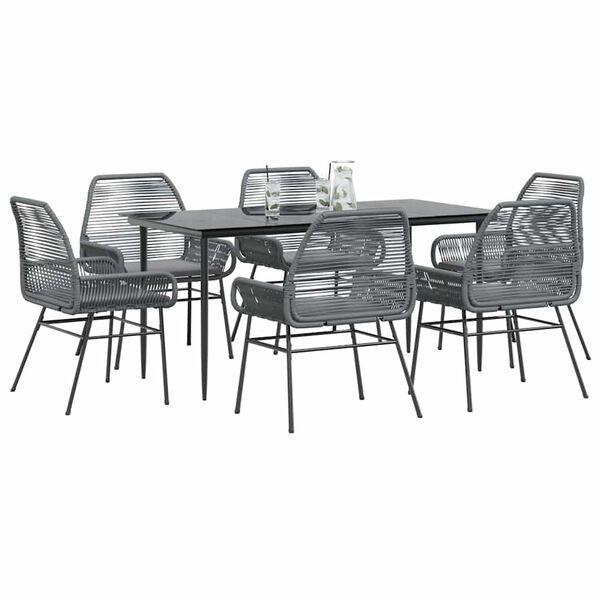 vidaXL Ensemble &agrave; manger jardin coussins 7 pcs gris poly rotin verre