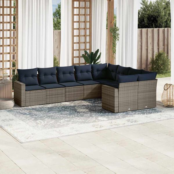 vidaXL Salon de jardin 9 pcs avec coussins gris r&eacute;sine tress&eacute;e