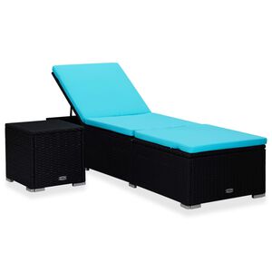 vidaXL Chaise longue avec coussin et table &agrave; th&eacute; R&eacute;sine tress&eacute;e Bleu