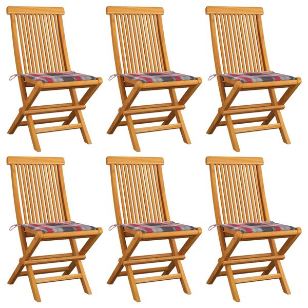 vidaXL Chaises de jardin et coussins &agrave; carreaux rouge lot de 6 Teck