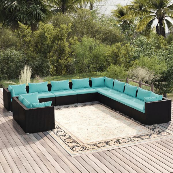 vidaXL Salon de jardin 11 pcs avec coussins noir r&eacute;sine tress&eacute;e