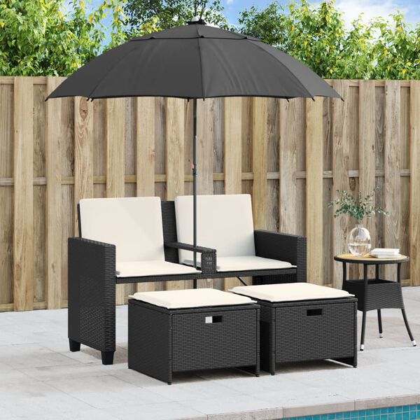 vidaXL Canap&eacute; de jardin 2 places avec parasol et tabourets noir rotin