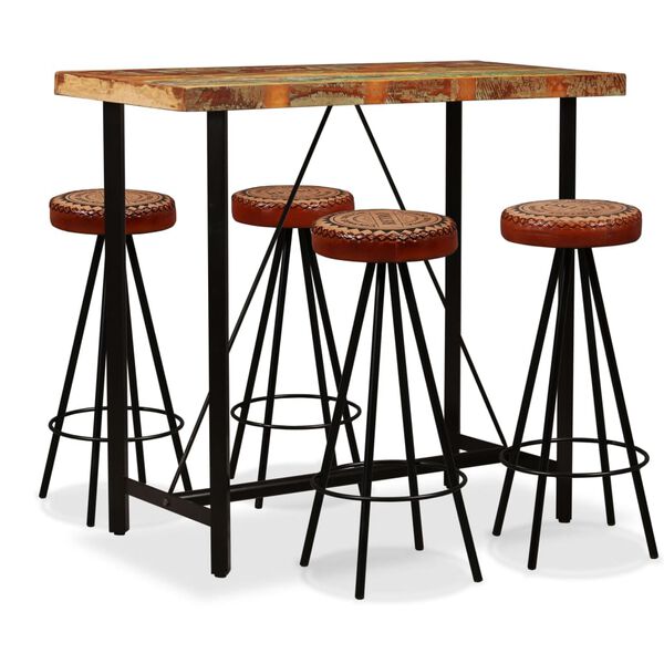 vidaXL Ensemble de bar 5 pcs Bois de r&eacute;cup&eacute;ration Cuir v&eacute;ritable et toile