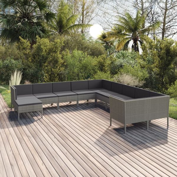 vidaXL Salon de jardin 11 pcs avec coussins R&eacute;sine tress&eacute;e Gris