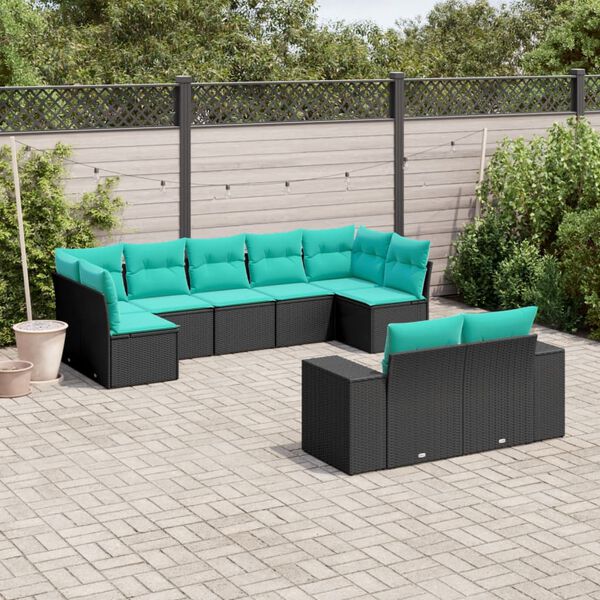 vidaXL Salon de jardin 9 pcs avec coussins noir r&eacute;sine tress&eacute;e