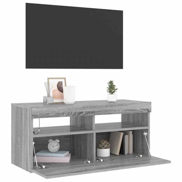 vidaXL Meuble TV avec lumi&egrave;res LED Sonoma gris 90x35x40 cm