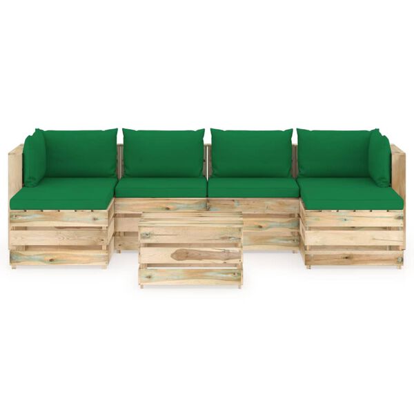 vidaXL Salon de jardin 7 pcs avec coussins Bois impr&eacute;gn&eacute; de vert