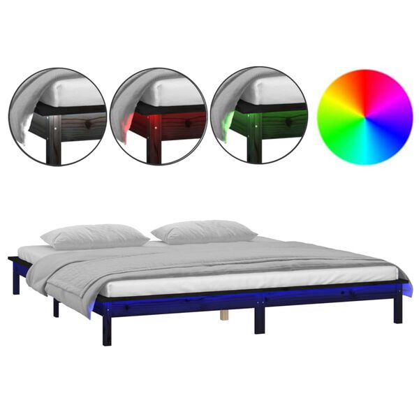vidaXL Cadre de lit &agrave; LED sans matelas noir 120x190 cm bois massif