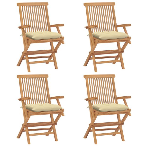 vidaXL Chaises de jardin et coussins blanc cr&egrave;me lot de 4 Teck massif