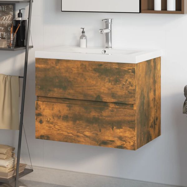 vidaXL Meuble lavabo avec bassin int&eacute;gr&eacute; Ch&ecirc;ne fum&eacute; Bois d'ing&eacute;nierie