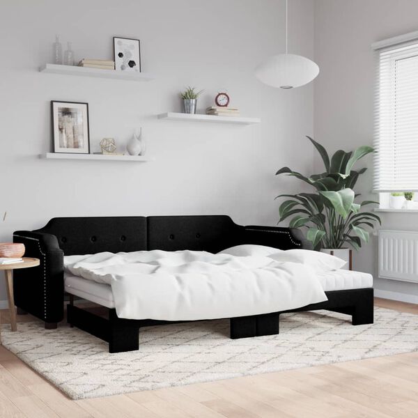 vidaXL Lit de jour avec gigogne et matelas noir 100x200 cm tissu