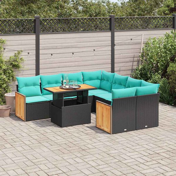 vidaXL Salon de jardin avec coussins 9 pcs noir r&eacute;sine tress&eacute;e acacia
