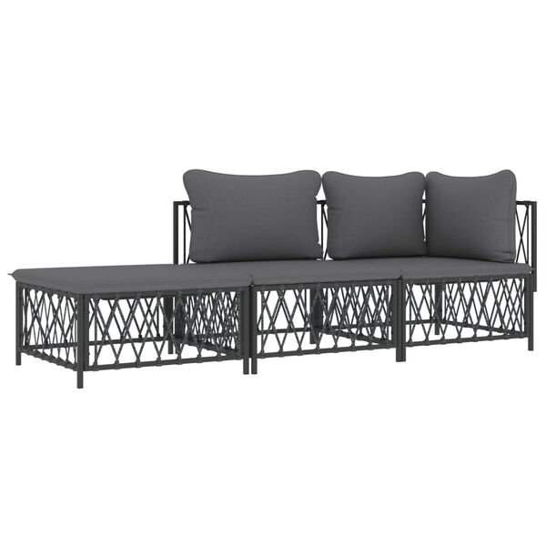 vidaXL Salon de jardin avec coussins 3 pcs anthracite acier