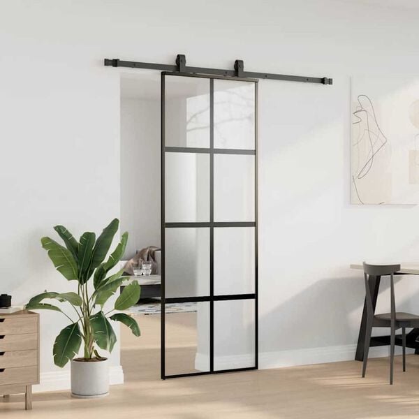 vidaXL Porte coulissante kit quincaillerie noir 76x205 cm verre tremp&eacute;