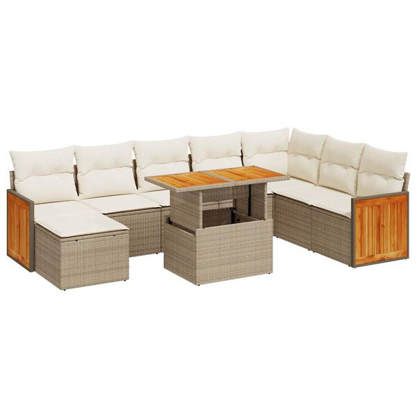 vidaXL Salon de jardin avec coussins 9 pcs beige r&eacute;sine tress&eacute;e acacia