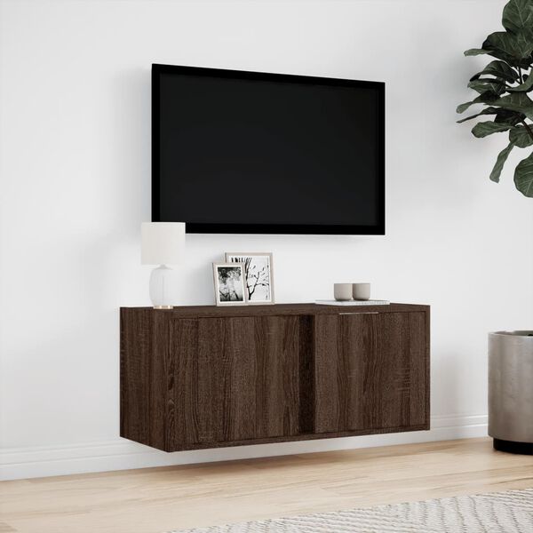 vidaXL Meuble TV mural avec lumi&egrave;res LED ch&ecirc;ne marron 80x31x35 cm