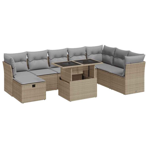 vidaXL Salon de jardin avec coussins 9 pcs beige r&eacute;sine tress&eacute;e