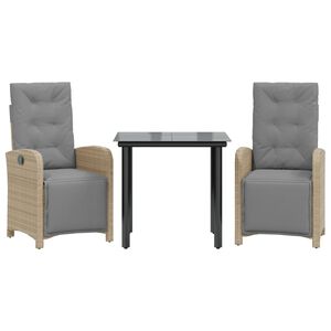 vidaXL Ensemble de bistro 3 pcs avec coussins beige r&eacute;sine tress&eacute;e