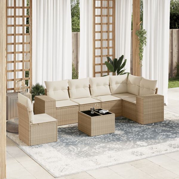 vidaXL Salon de jardin avec coussins 7 pcs beige r&eacute;sine tress&eacute;e