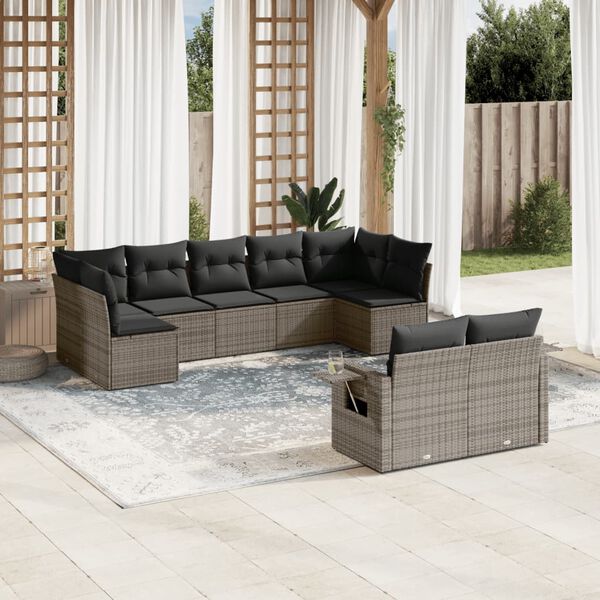 vidaXL Salon de jardin 9 pcs avec coussins gris résine tressée