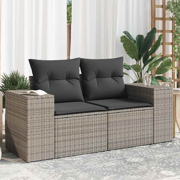 vidaXL Canap&eacute; de jardin 2 places avec coussins gris r&eacute;sine tress&eacute;e