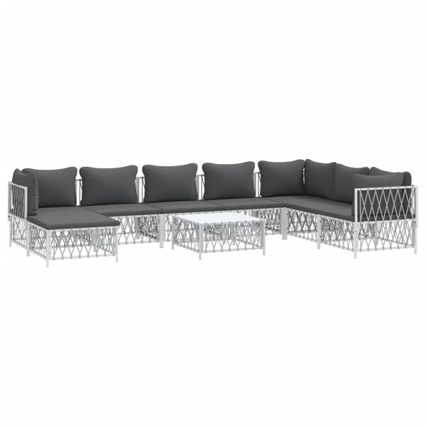 vidaXL Salon de jardin avec coussins 9 pcs blanc acier