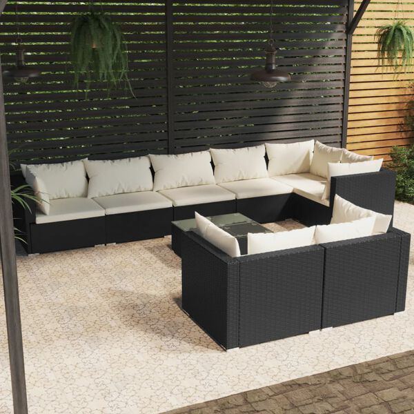 vidaXL Salon de jardin 9 pcs avec coussins Noir R&eacute;sine tress&eacute;e