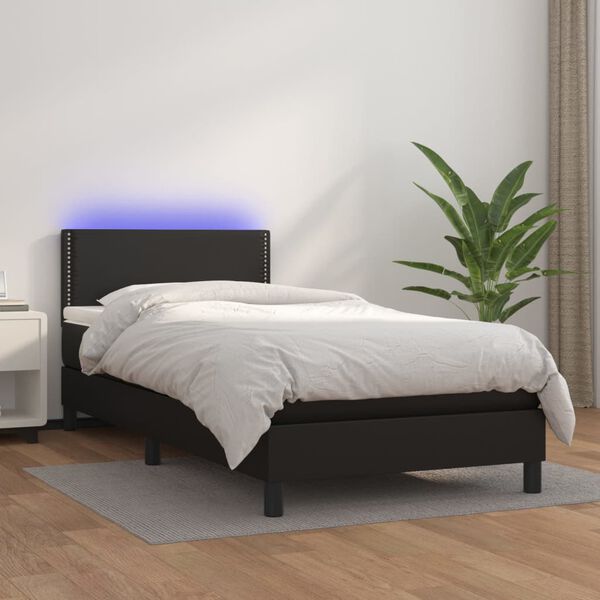 vidaXL Sommier &agrave; lattes de lit et matelas LED Noir 90x200cm Similicuir