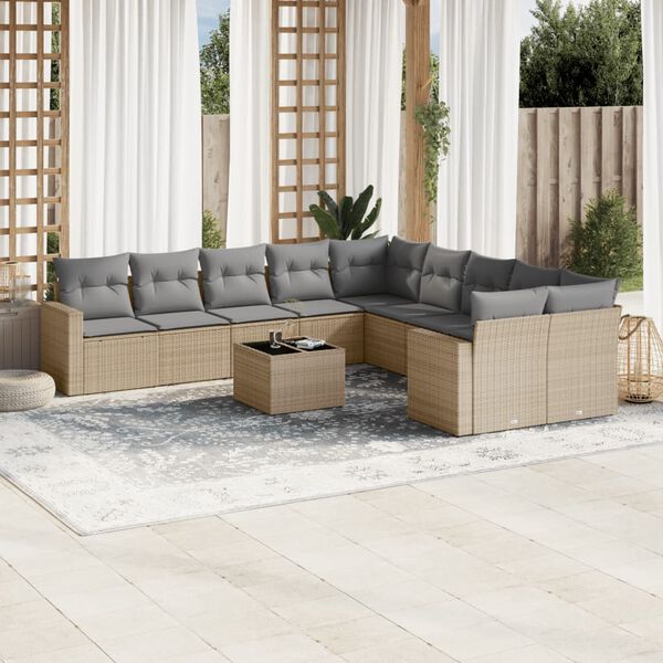 vidaXL Salon de jardin 11 pcs avec coussins beige r&eacute;sine tress&eacute;e