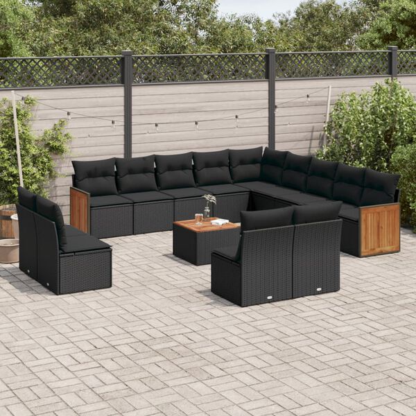 vidaXL Salon de jardin avec coussins 14 pcs noir r&eacute;sine tress&eacute;e