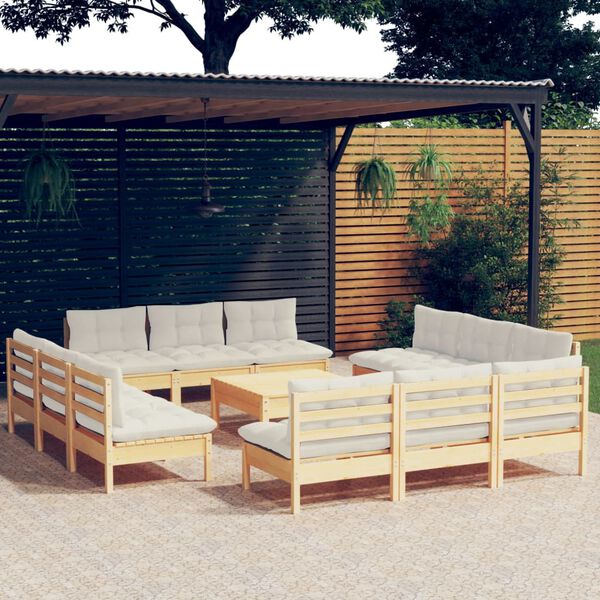 vidaXL Salon de jardin 13 pcs avec coussins cr&egrave;me bois de pin