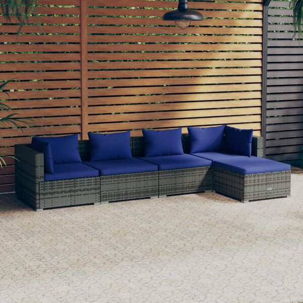 vidaXL Salon de jardin 5 pcs avec coussins r&eacute;sine tress&eacute;e gris