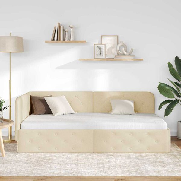 vidaXL Cadre de lit d'angle avec t&ecirc;te de lit Cr&egrave;me 90 x 190 cm tissu