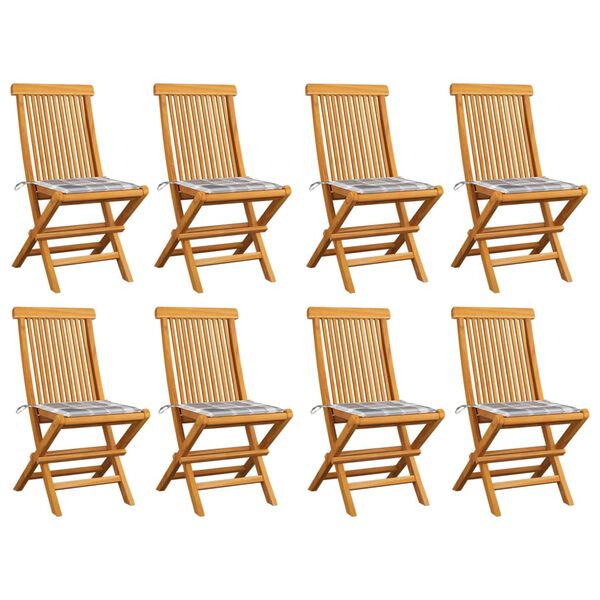 vidaXL Chaises de jardin et coussins &agrave; carreaux gris lot de 8 Teck