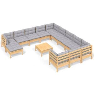 vidaXL Salon de jardin 13 pcs avec coussins gris bois de pin